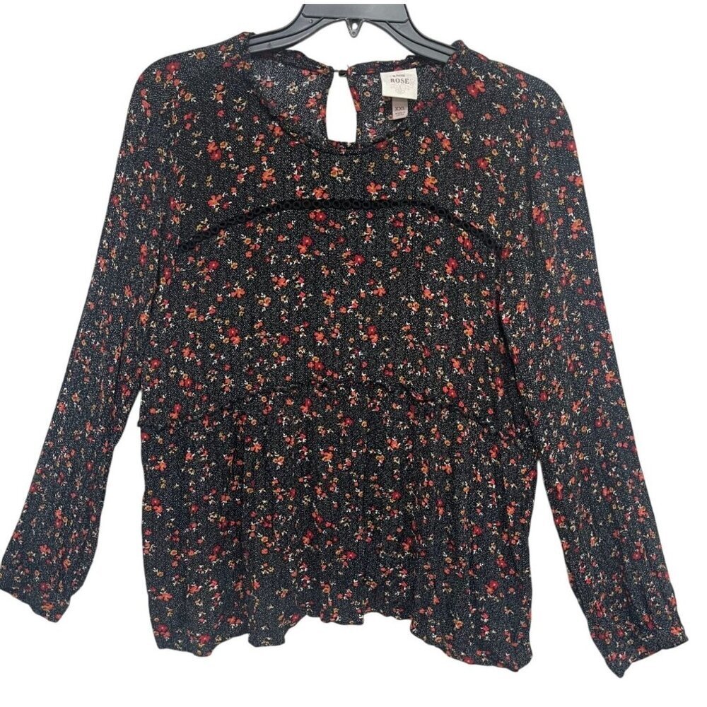 Knox Rose Black Floral Tiered Tunic‎ Top Size XXL Keyhole Accent in back